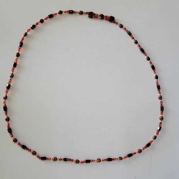 Vintage Beaded Necklace with Black Faceted Beads Amber Ovals and Red Crystals - Picture 2 of 10
